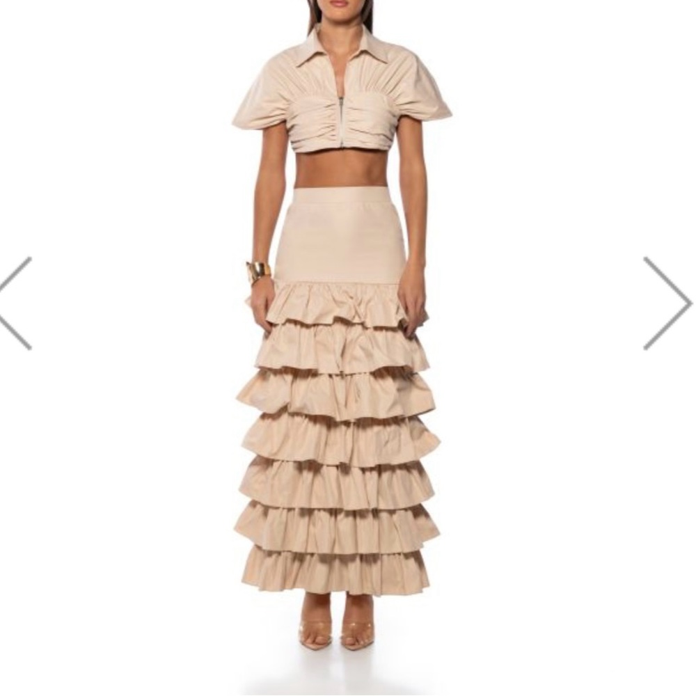 Beige Crop Top & Ruffle Maxi Skirt